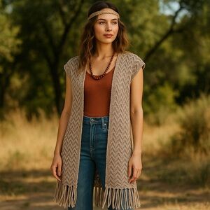 Boho hippie crochet duster sweater M open front fringe western